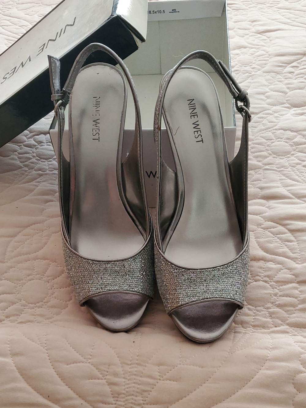 Nine West Silver Glitter Open-Toe Slingback Heels